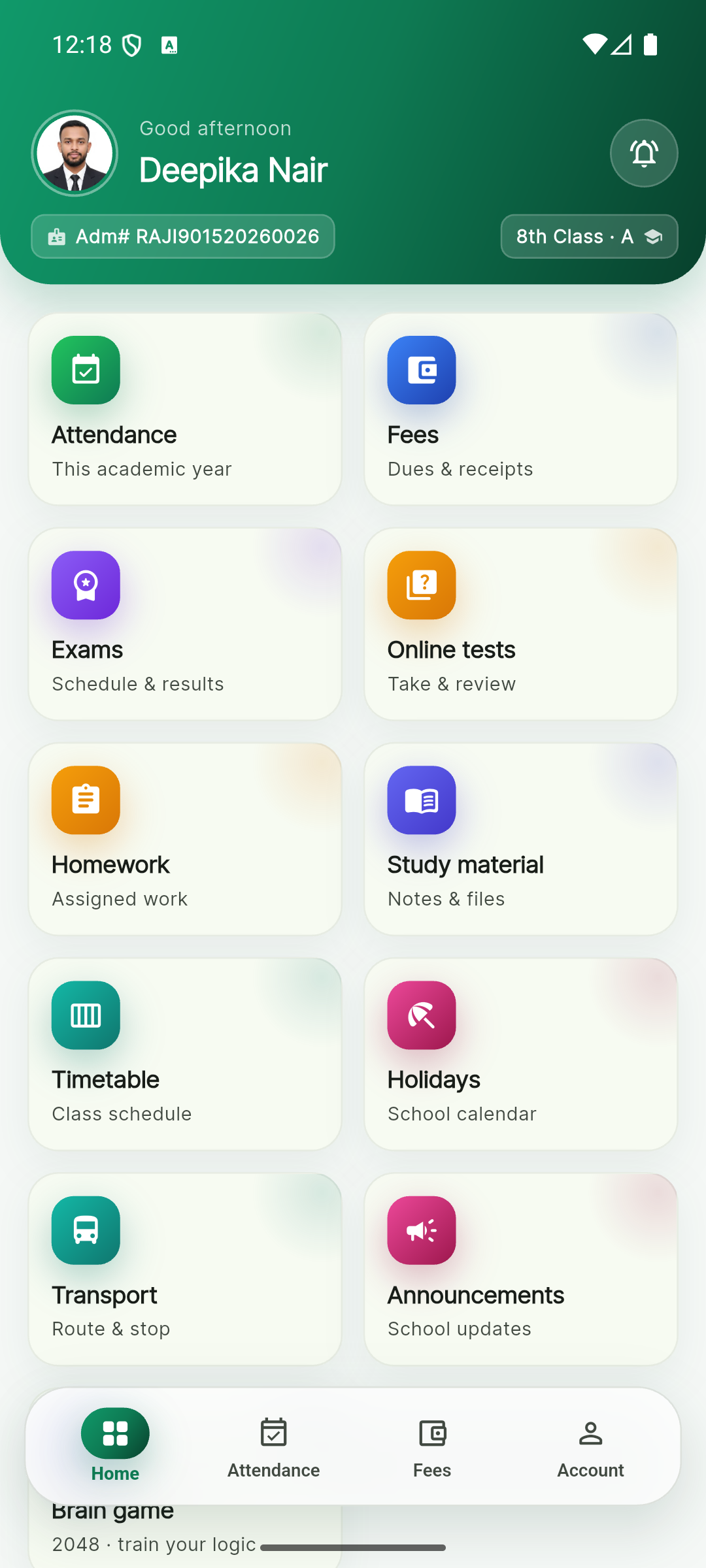 IQDev School app - Home dashboard